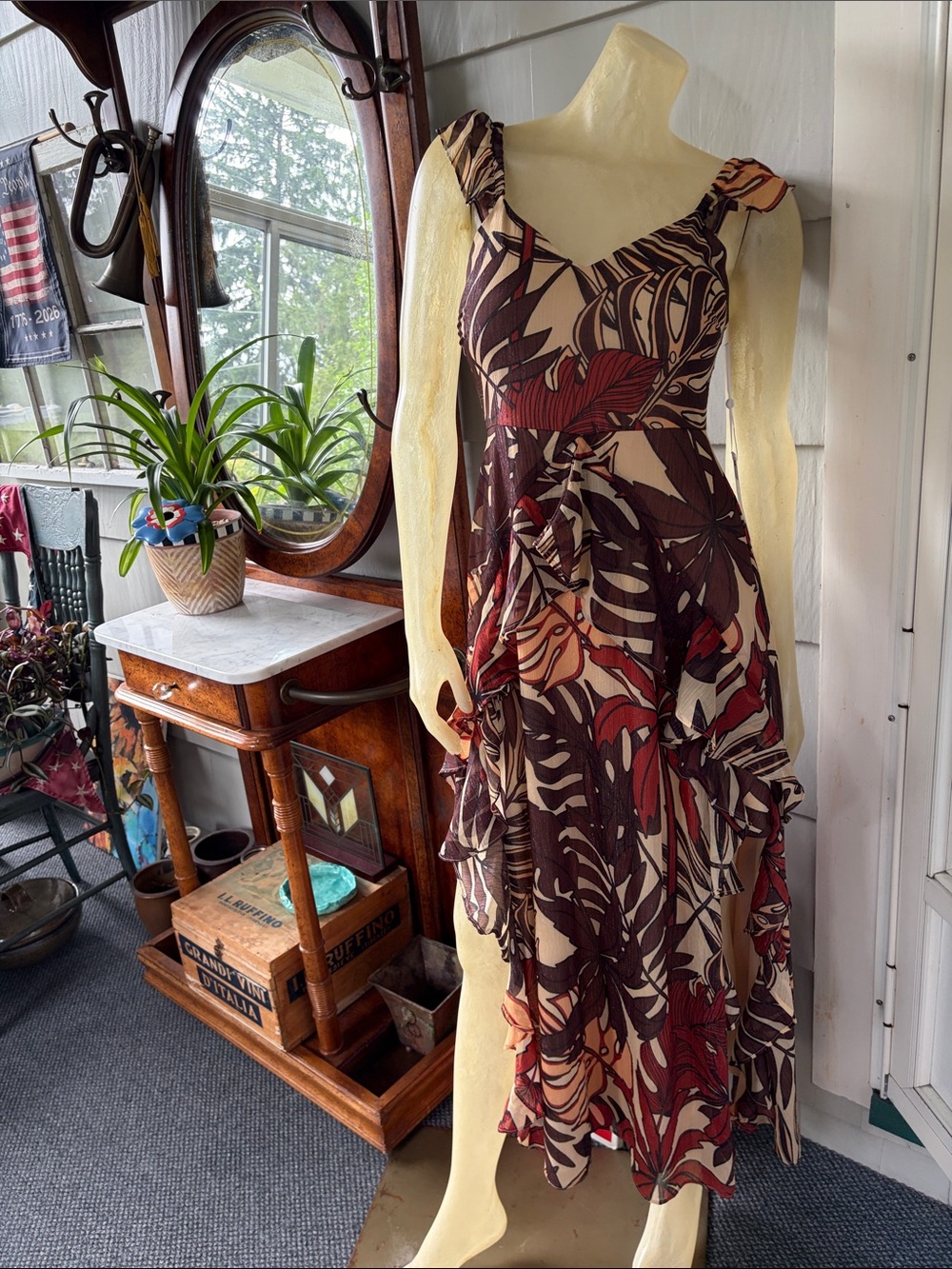 Siena NWT Tropical Leaf Print Midi Dress in Brown and Cream